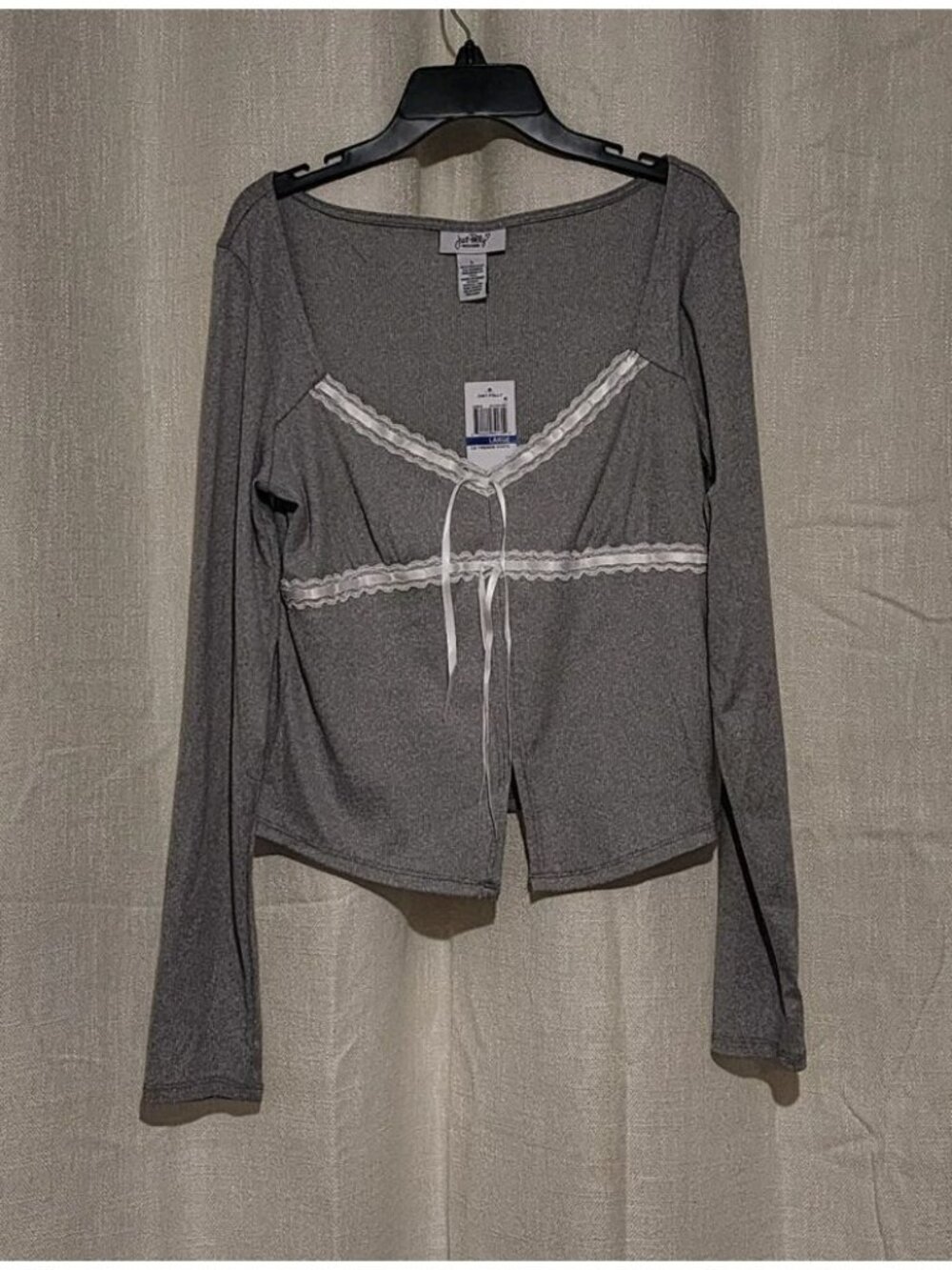 Just Polly NY Women's Junior's Blouse Top Ribbed Long Sleeve Grey Size Large NWT